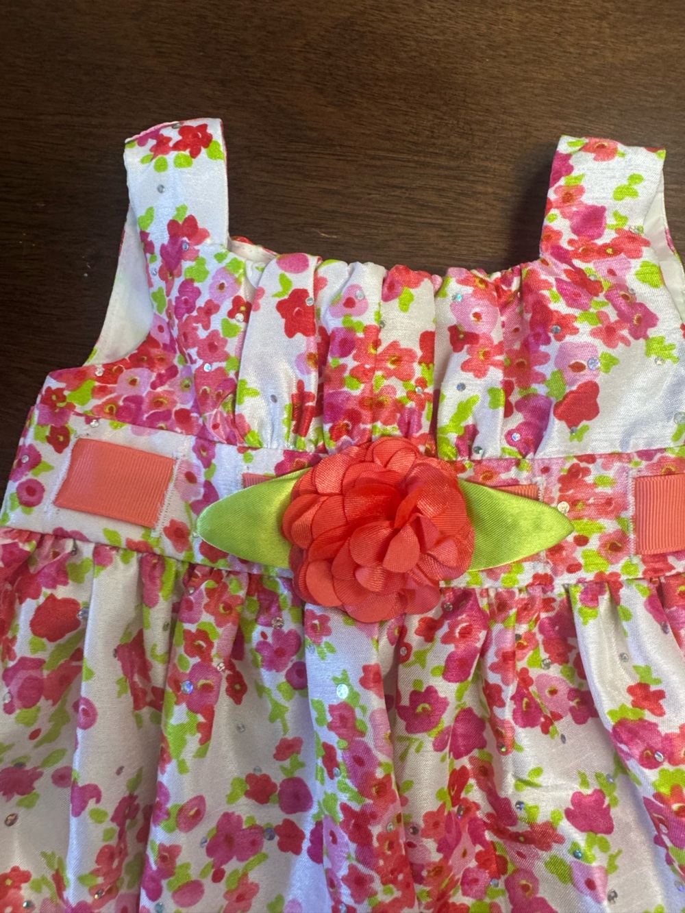 Youngland White Floral Coral Pink Green Ribbon Flower Dress - Picture 3 of 7
